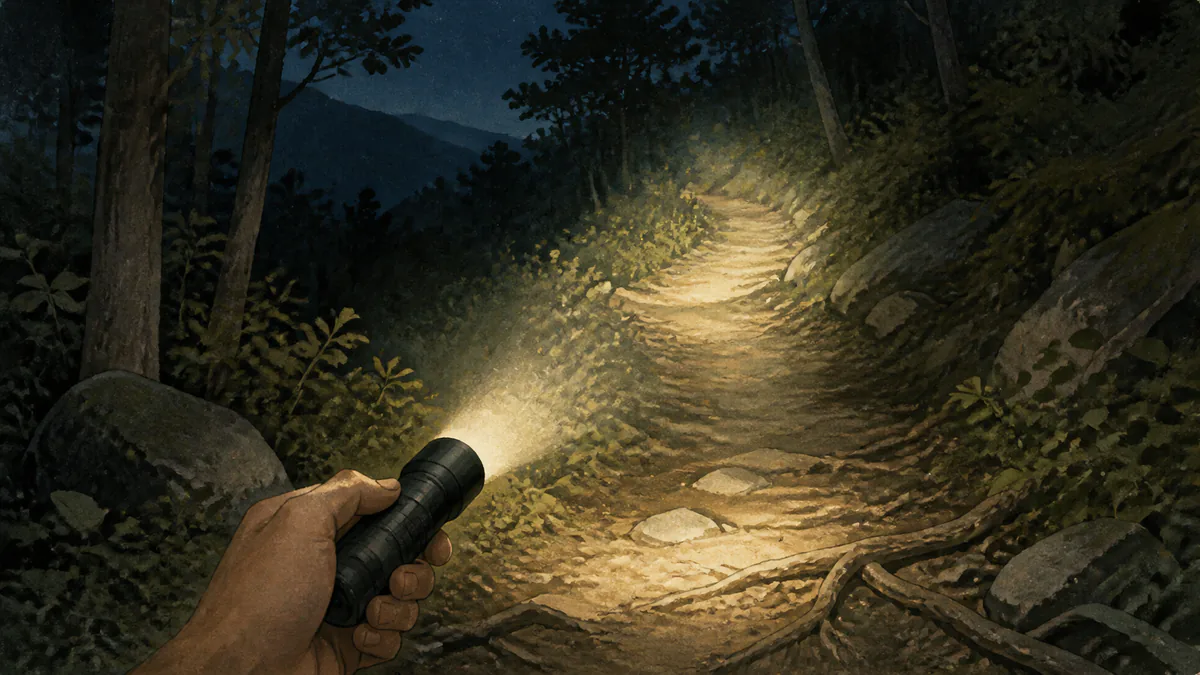 夜の山道で足元と進行方向を照らす懐中電灯のイメージイラスト